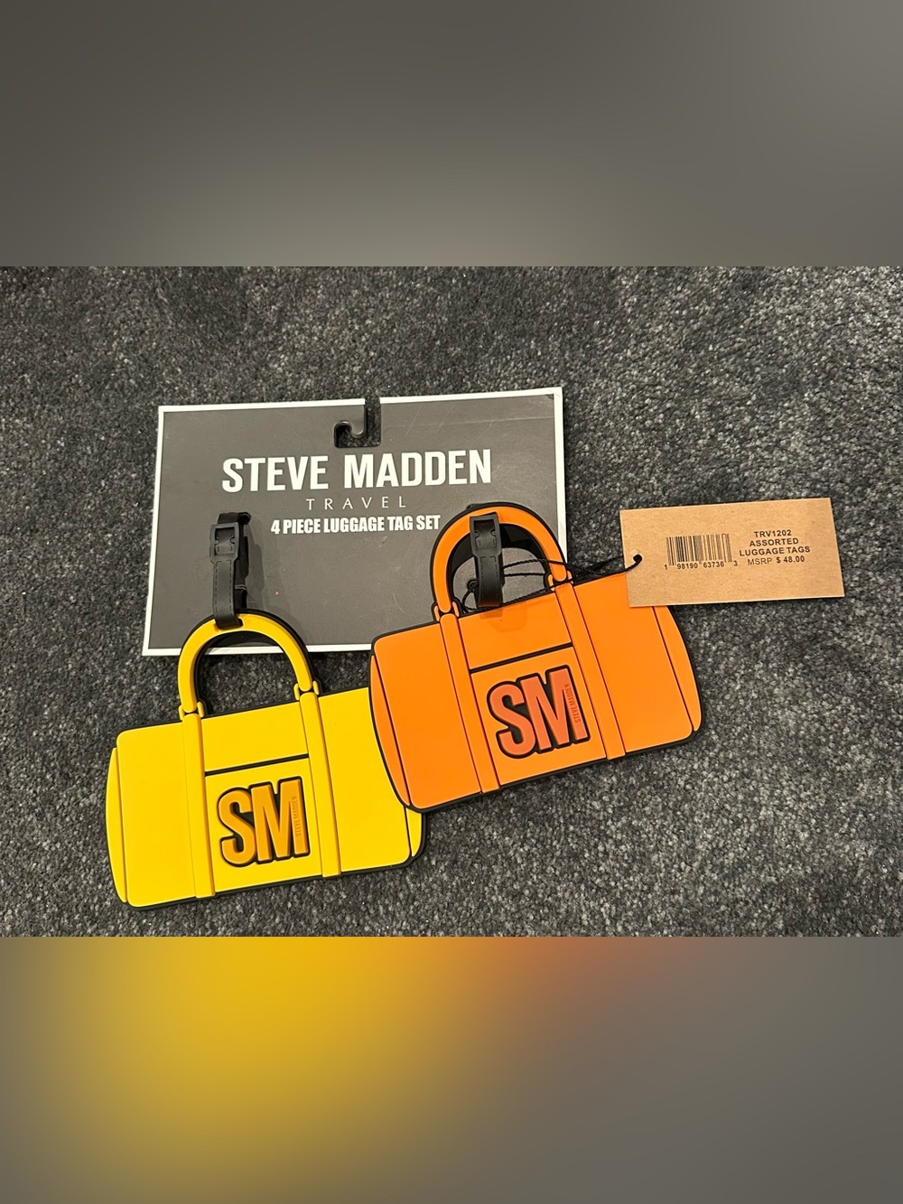 NWT Steve Madden Orange & Yellow Travel Luggage Tag Set - SM Duffle Design